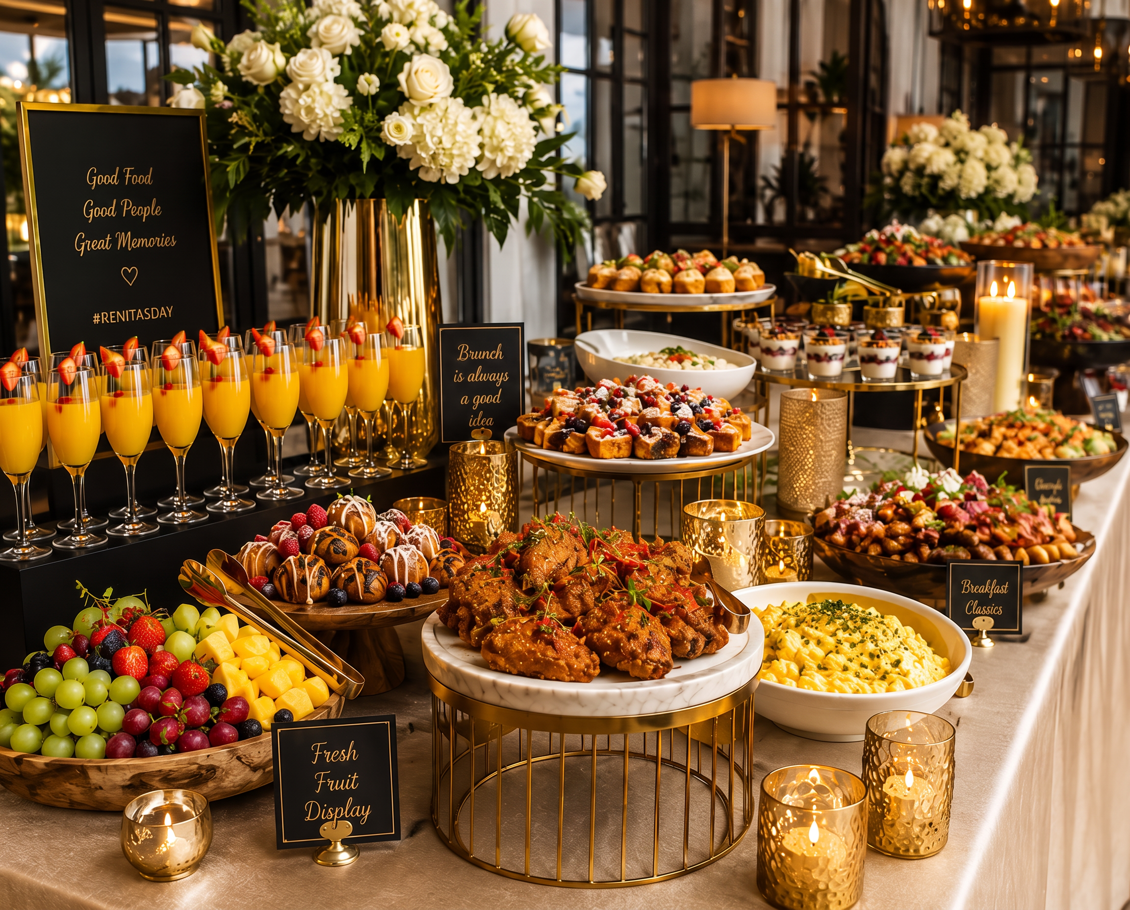 Elegant brunch buffet display with fresh fruit, pastries, and signature beverages